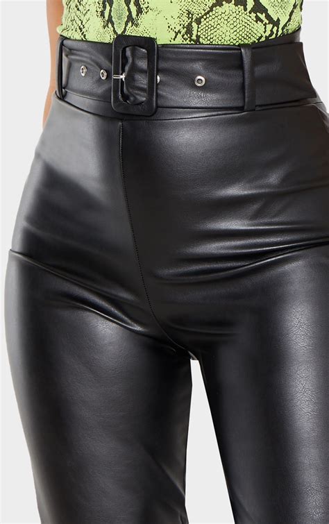 Pretty Little Thing Black Faux Leather Belted Skinny Trousers Th14 Faux