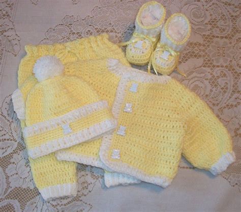 Crochet Baby Boy Yellow Sweater Set Layette With Leggings And
