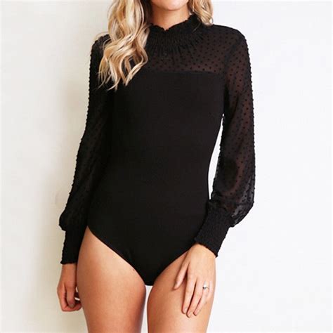 Bodysuit Women Sexy Mesh Splice Long Sleeve Hairball Ladies Hollow Out