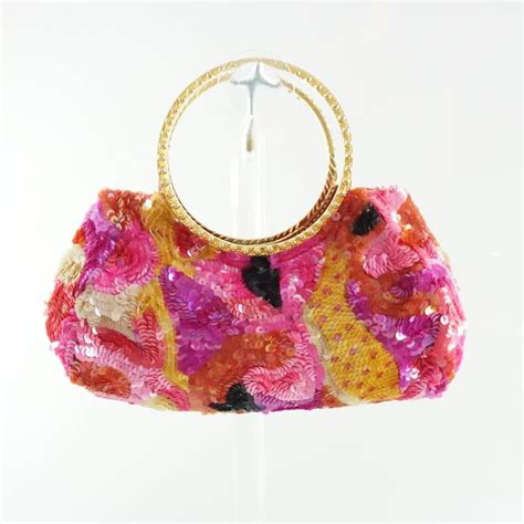 Badgley Mischka Pink And Red Sequin Evening Bag With Gold Handles At
