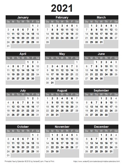 Printable 2021 Yearly Calendar With Boxes