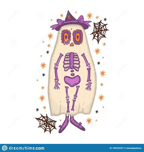 Ghost And Skeleton Halloween Holiday Set Doodle Design Isolated In