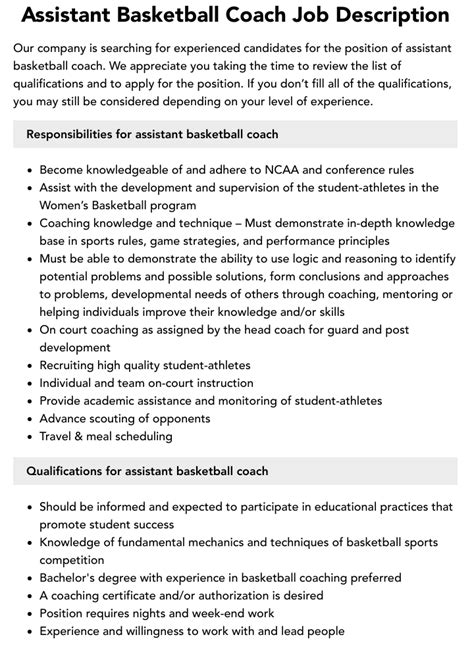 Assistant Basketball Coach Job Description Velvet Jobs