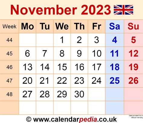 Calendar November 2023 Uk With Excel Word And Pdf Templates