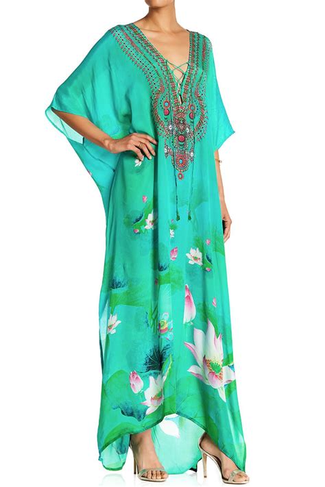 Green Kaftanfloral Print Kimono In Green V Neck Caftan Dresses Long