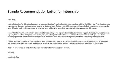 Free Internship Letter Of Recommendation Templates With Examples