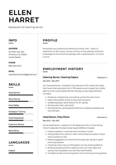 Hospitality & catering resume examples. Full Guide: Restaurant Server Resume | +12 PDF Examples | 2019