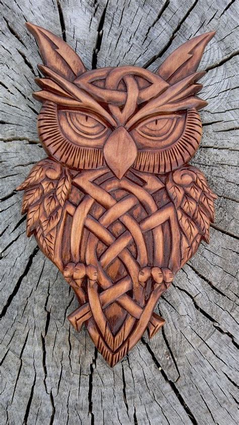 Wood Owl Celtic Norse Owl Hand Carved Owls Outdoor Witches Owl Etsy