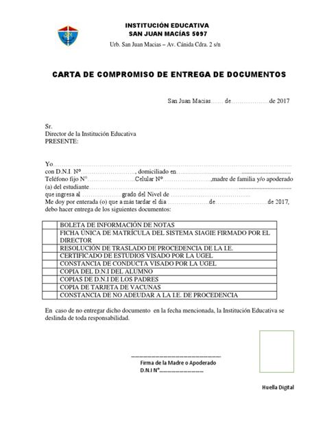 Carta De Compromiso De Entrega De Documentos Informática Y Tecnología