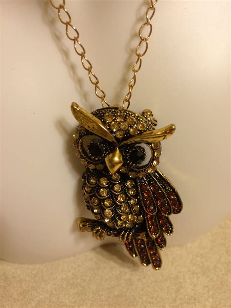 Owl Necklace Or Pin Gold With Rhinestones 24 Inches Long Jewelry