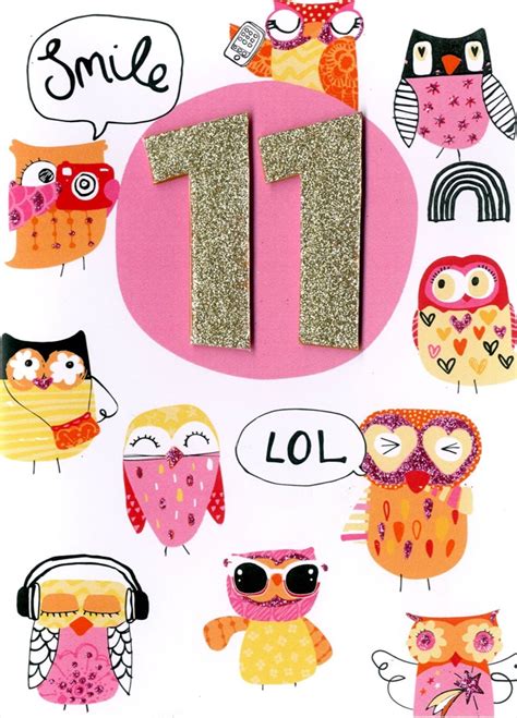 Girls 11th Birthday Owls Greeting Card Cards