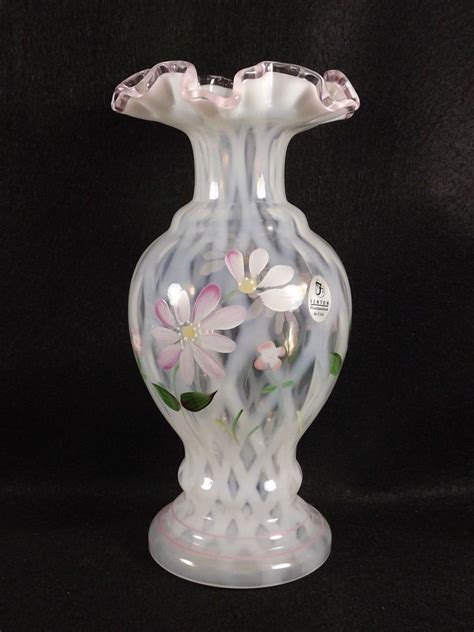 Fenton Diamond Optic French Opalescent Vase Pink Floral Pattern Signed C Curry Fenton Floral