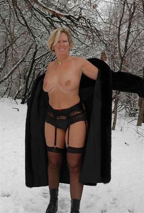 Sexy Mature Wifein The Snow In Fur Coat And Lingerie 32