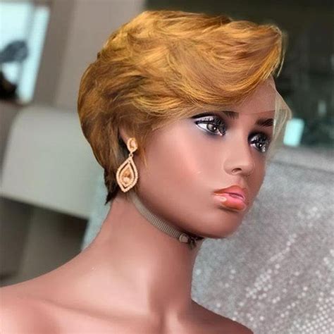 Pixie Cut Colored Short Human Hair Wavy Wig Bob Ombre Honey Blonde X Lace Front Wigs