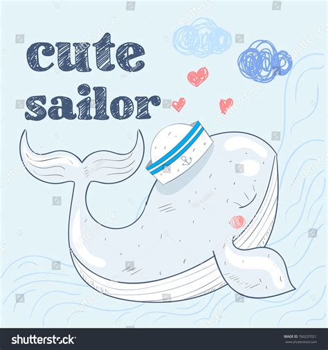 Cute Baby Whale Sailor Suit Cartoon เวกเตอร์สต็อก ปลอดค่าลิขสิทธิ์