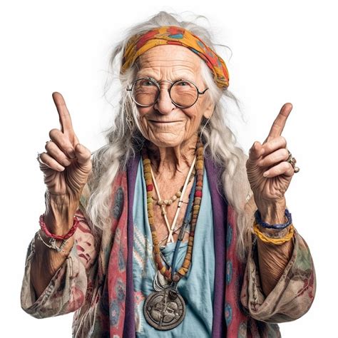 Premium Ai Image An Old Hippy Woman Showing The Peace Sign With His Hand White Background