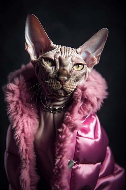 Premium Photo Sphynx Cat Wearing Pink Fur Coat Naked Cat Kitten Without Wool Cat In Cloths Ai