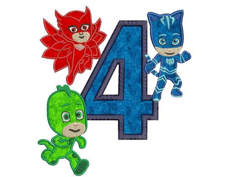 Pj Masks 4th Birthday Embroidery Applique Design Instant