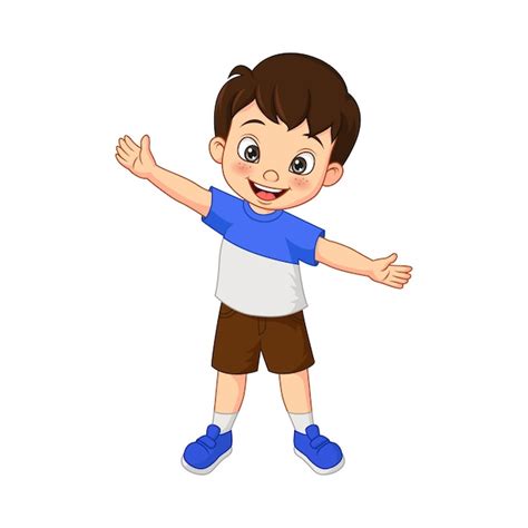 Niño feliz de dibujos animados agitando la mano aislado en blanco Vector Premium