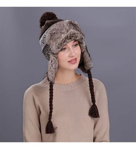 Women Knit Wool Beanie Hat Winter Warm Ski Cap With Ear Flaps Coffee