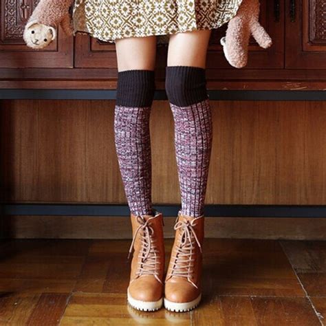 autumn winter women harajuku knitting over knee thigh stockings women ladies patchwork knitted