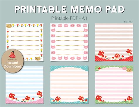6 Cute Memo Pad Printable Memo Sheet Flowers And Mushrooms Etsy