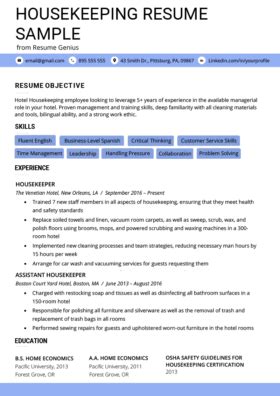 There are cleaning jobs and there are cleaning jobs. Entry-Level Hotel Housekeeper Resume Sample