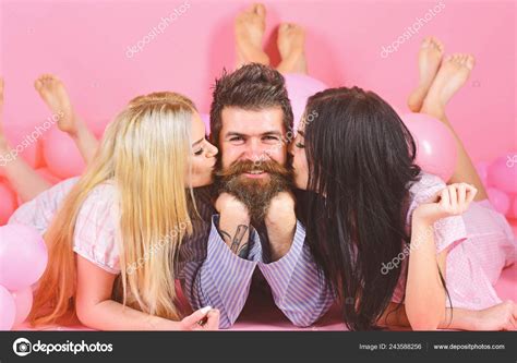 Alpha Male Concept Threesome Lay Near Balloons Happy Guy On Smiling Face Man With Beard And