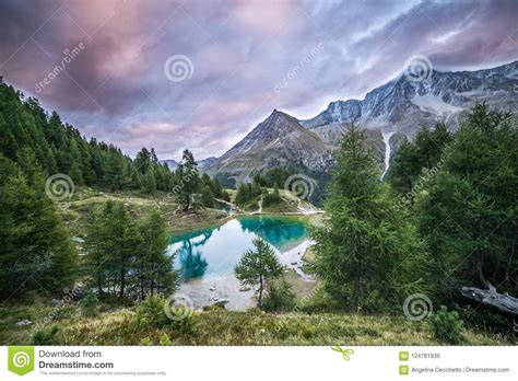 Blue Mountain Lake With Green Pine Forest On A Cloudy Day Stock Image