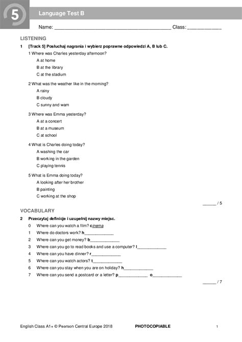 English Class A1 Pdf Testy - A1+ unit 5 sprawdzian - Pobierz pdf z Docer.pl