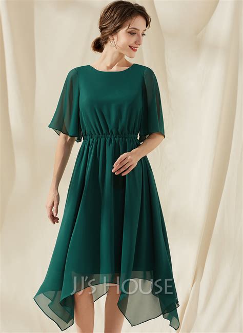 A Line Scoop Neck Tea Length Chiffon Bridesmaid Dress With Ruffle 007255166 Jjs House