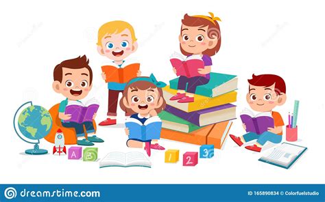 Happy Cute Kids Boy And Girl Read Book Together Stock Vector