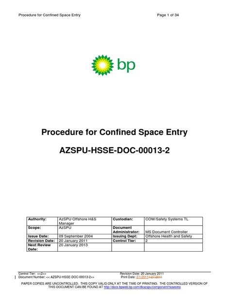Azspu Ssow Procedure For Confined Space Entry Pdf Occupational