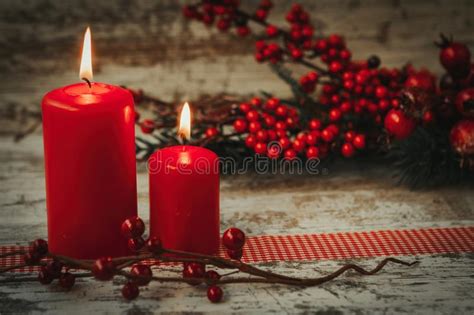 Burning Candles In A Christmas Wreath Stock Image Image Of Branch