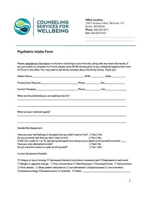 Top 6 Psychiatric Intake Form Templates Free To Download In Pdf Format