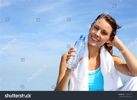 Thirsty Fitness Girl Holding Bottle Water Stock Photo 114673777