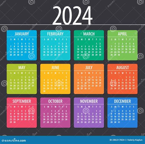 2024 Year Calendar Vector Illustration Week Starts On Sunday Stock