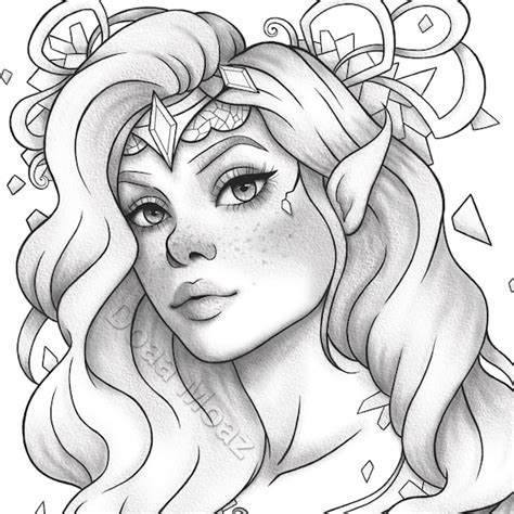 Adult Coloring Page Fantasy Girl Portrait Etsy