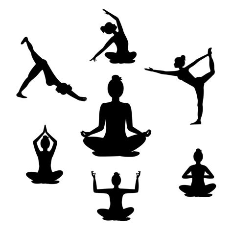 Beautiful Woman Doing Yoga Exercises Black Silhouette On White Background Set Of Seven Yoga