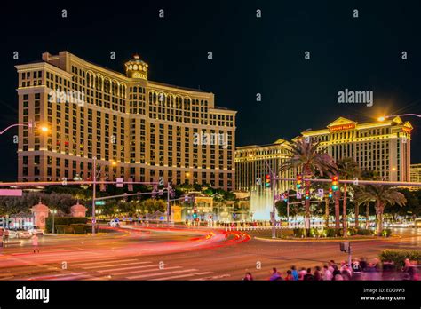 Night View Of Las Vegas Strip With Bellagio Hotel And Caesars Palace