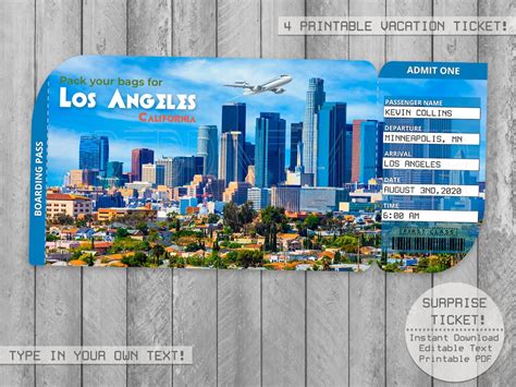 Los Angeles Trip Ticket Printable Boarding Pass Surprise Etsy
