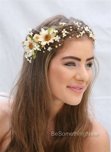Rustic Floral Hair Vine Of Ivory Daisies And Pearls Boho Etsy Uk