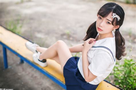 Ning Shioulin Women Asian Model Brunette Long Hair Pigtails Cosplay