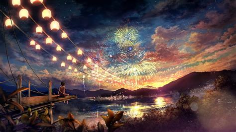 Hd Wallpaper Clouds Landscapes Trees Fireworks Scenic Anime Anime