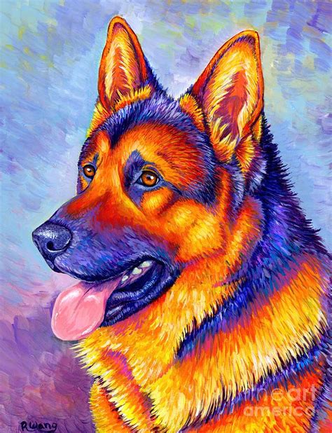 Courageous Partner Colorful German Shepherd Dog Painting By Rebecca Wang