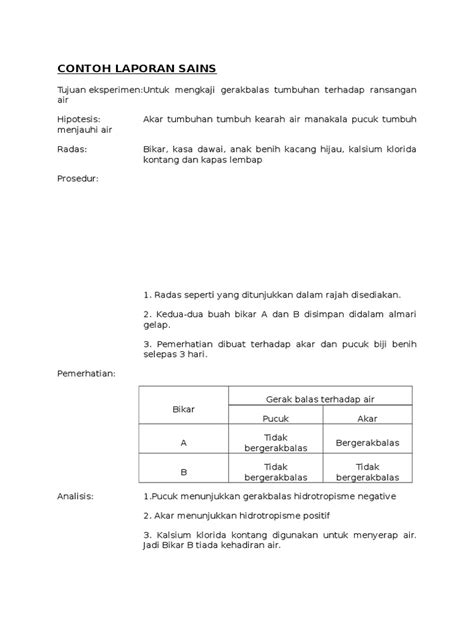 Berikut disajikan contoh teks laporan percobaan berjudul pengaruh cahaya terhadap pertumbuhan kacang hijau yang diunduh dari laman kupdf dengan perubahan seperlunya. Contoh Laporan Sains Tingkatan 2