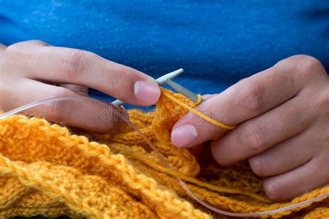 Close Up Of Woman Hands Knitting Colorful Wool Yarn Stock Image Image