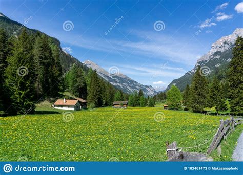 View Of An Idyllic Mountain Valley In The Heart Of The Swiss Alps Stock