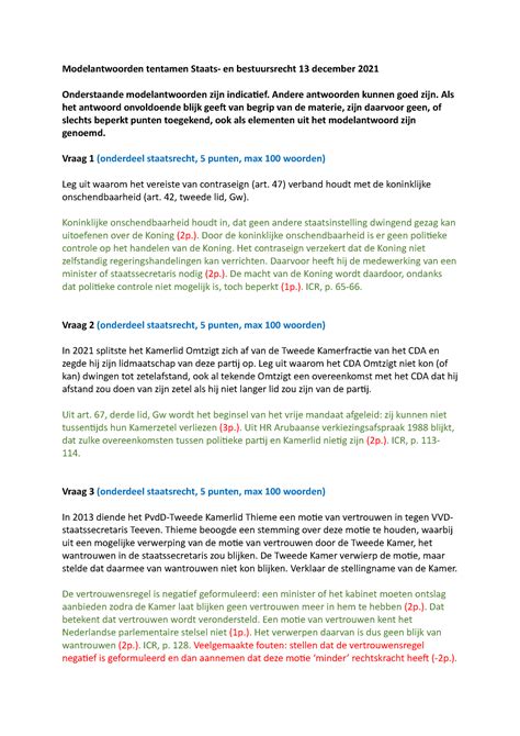 Modelantwoorden Tentamen Staats En Bestuursrecht December