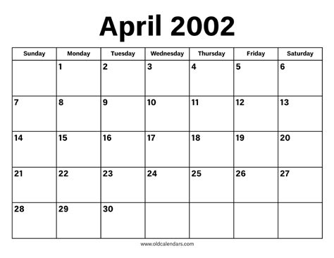 April 2002 Calendar Printable Old Calendars